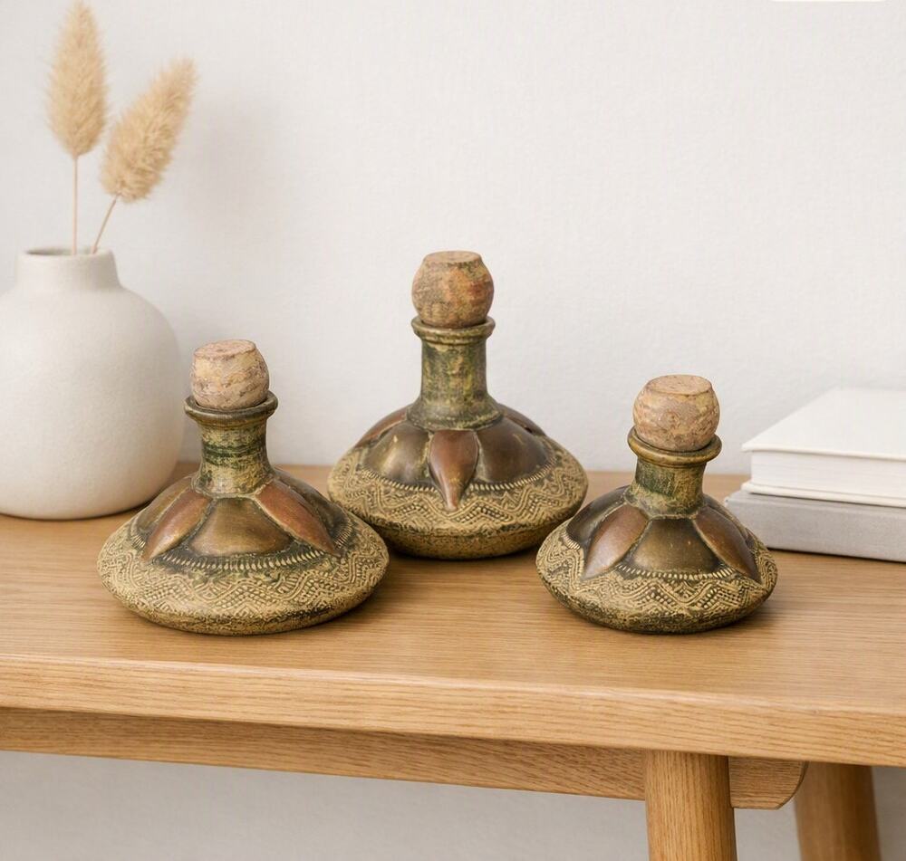 North African Ceramic Vessels Brass Copper Accents Ceramic Stoppers Set of 3 VTG